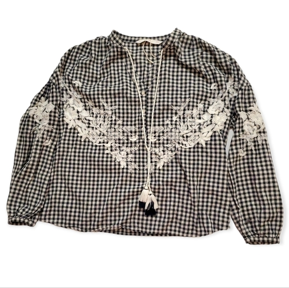 ZARA black white check 100% cotton embroidered long sleeve top - Picture 3 of 7
